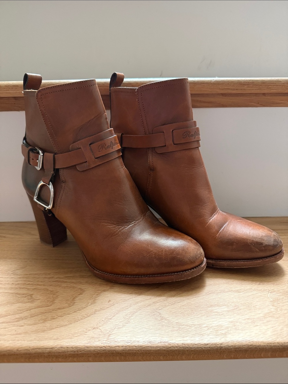 Vintage Ralph Lauren Cognac Leather Harness Ankle Boots